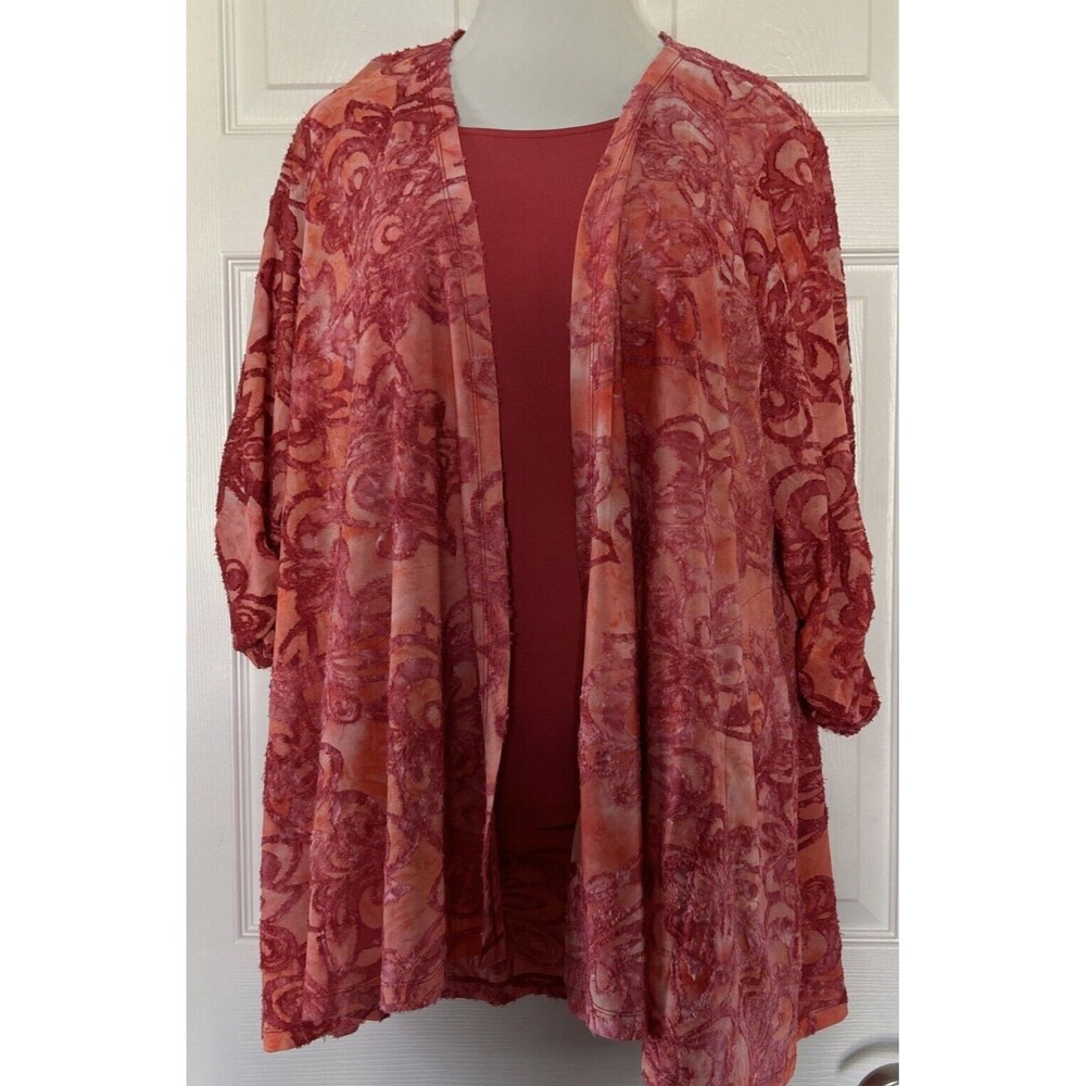 Susan Graver Burnout Cardigan Twinset Tank Rose Melon Plus Size Petite 2XP